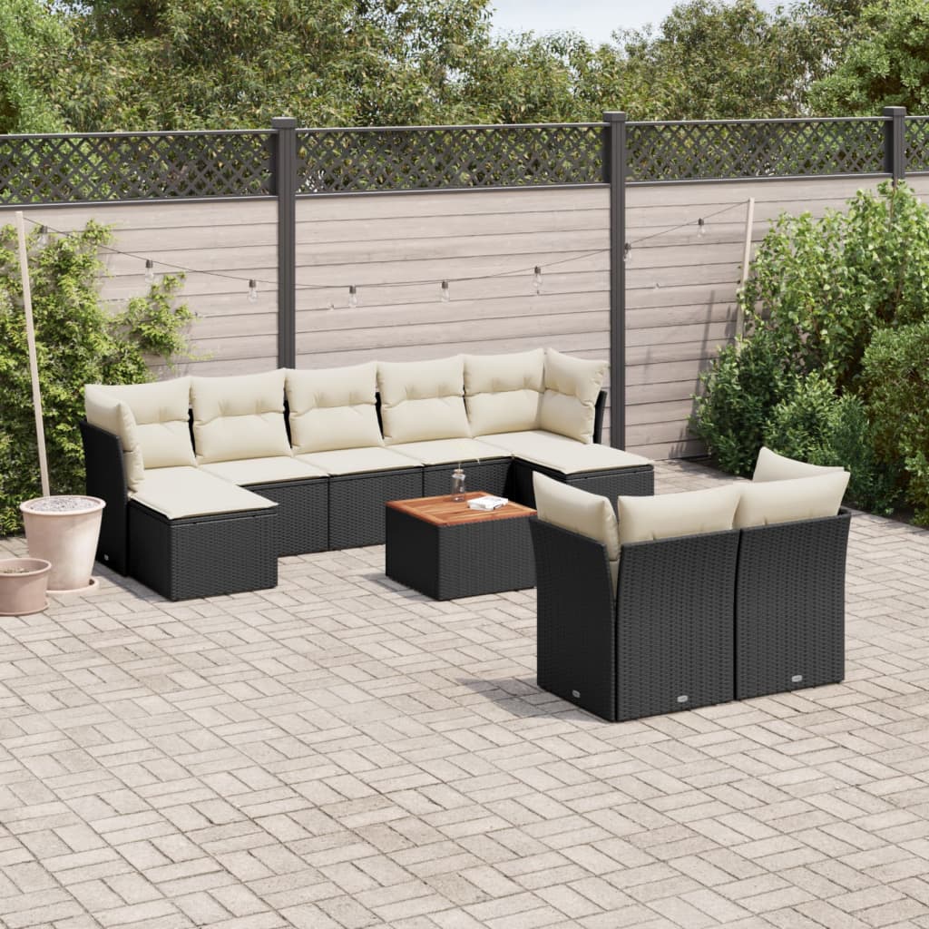 JUNG Vida 10-tlg. Garten-Sofagarnitur mit Kissen Schwarz Poly Rattan