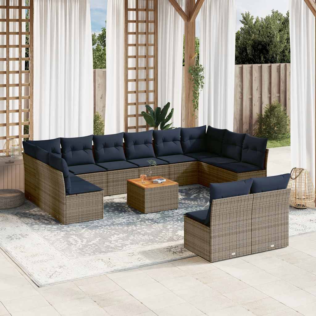 JUNG Vida 13-tlg. Garten-Sofagarnitur mit Kissen Grau Poly Rattan