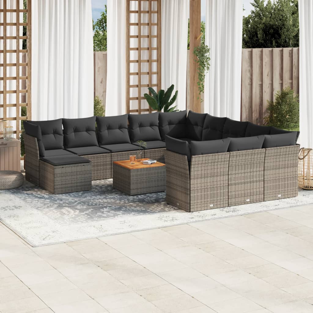 JUNG Vida 13-tlg. Garten-Sofagarnitur mit Kissen Grau Poly Rattan