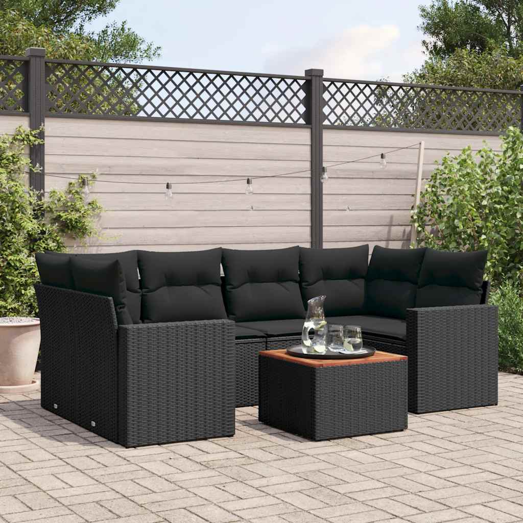 JUNG Vida 7-tlg. Garten-Sofagarnitur mit Kissen Schwarz Poly Rattan
