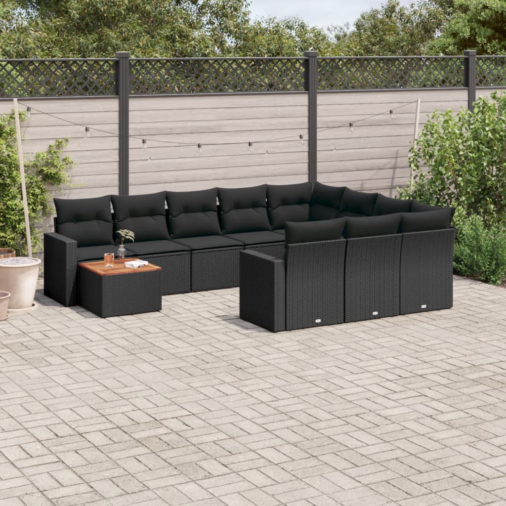 JUNG Vida 11-tlg. Garten-Sofagarnitur mit Kissen Schwarz Poly Rattan