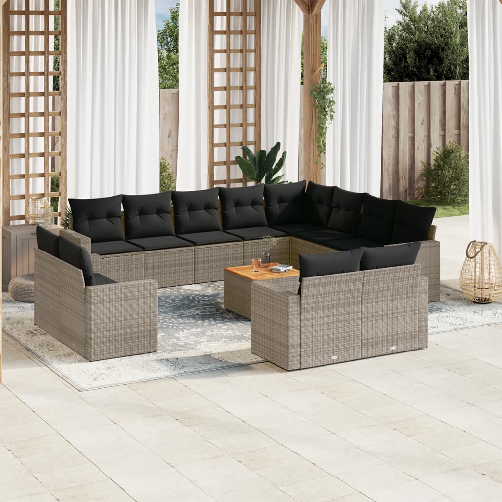 JUNG Vida 13-tlg. Garten-Sofagarnitur mit Kissen Grau Poly Rattan