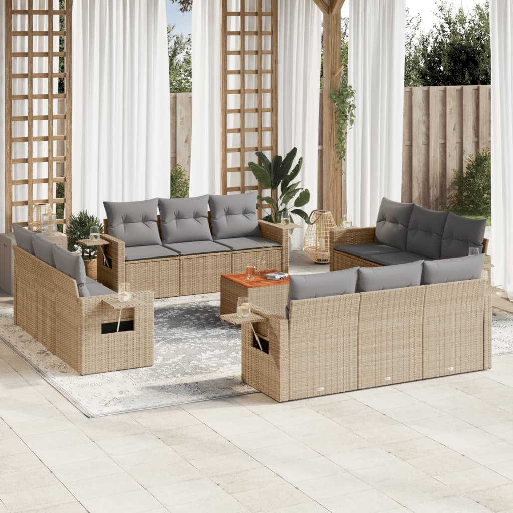 JUNG Vida 13-tlg. Garten-Sofagarnitur mit Kissen Beige Poly Rattan