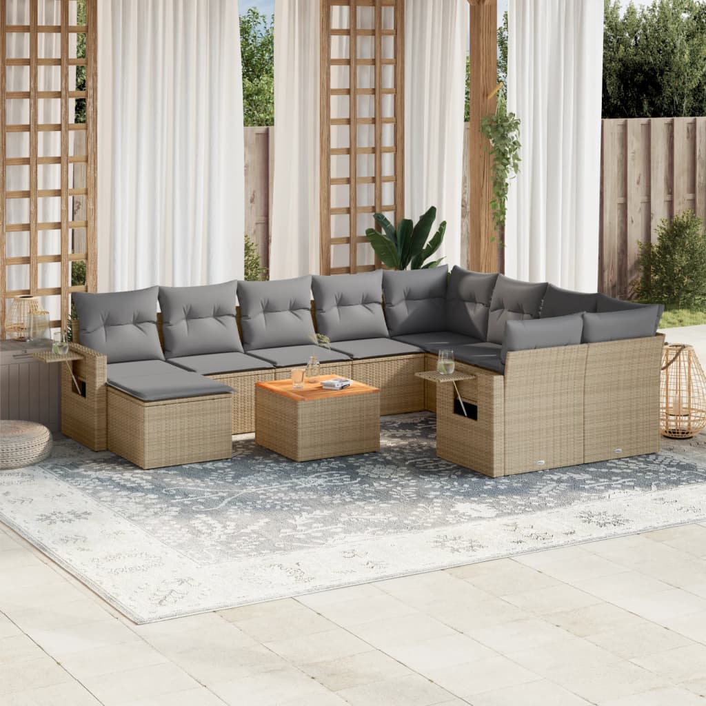 JUNG Vida 11-tlg. Garten-Sofagarnitur mit Kissen Beige Poly Rattan