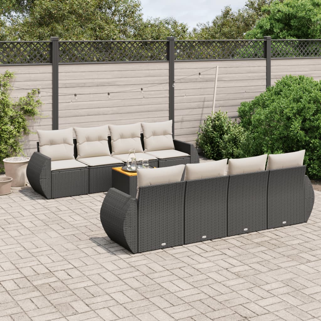 JUNG Vida 9-tlg. Garten-Sofagarnitur mit Kissen Schwarz Poly Rattan