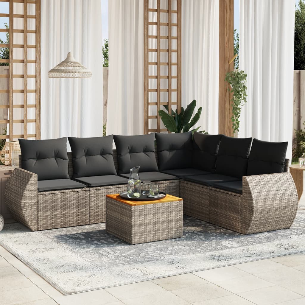 JUNG Vida 7-tlg. Garten-Sofagarnitur mit Kissen Grau Poly Rattan