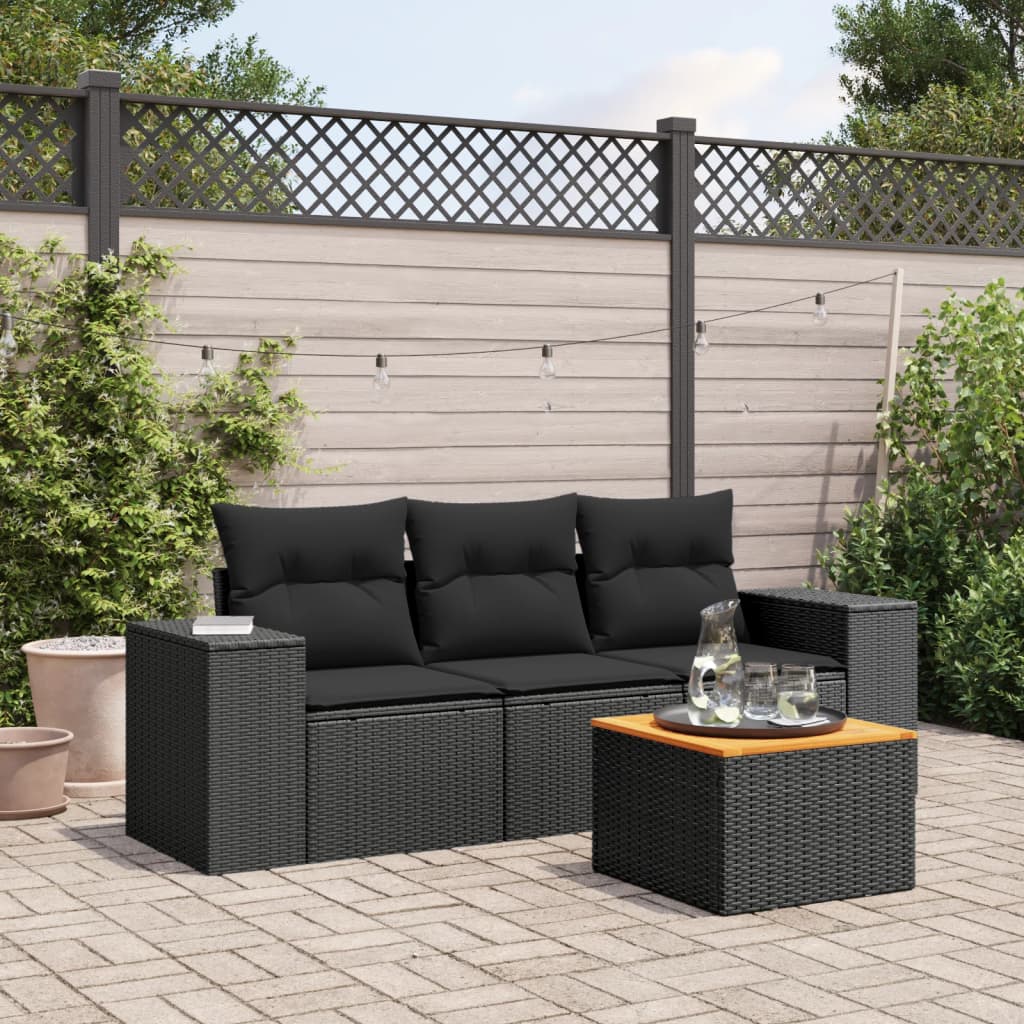 JUNG Vida 4-tlg. Garten-Sofagarnitur mit Kissen Schwarz Poly Rattan