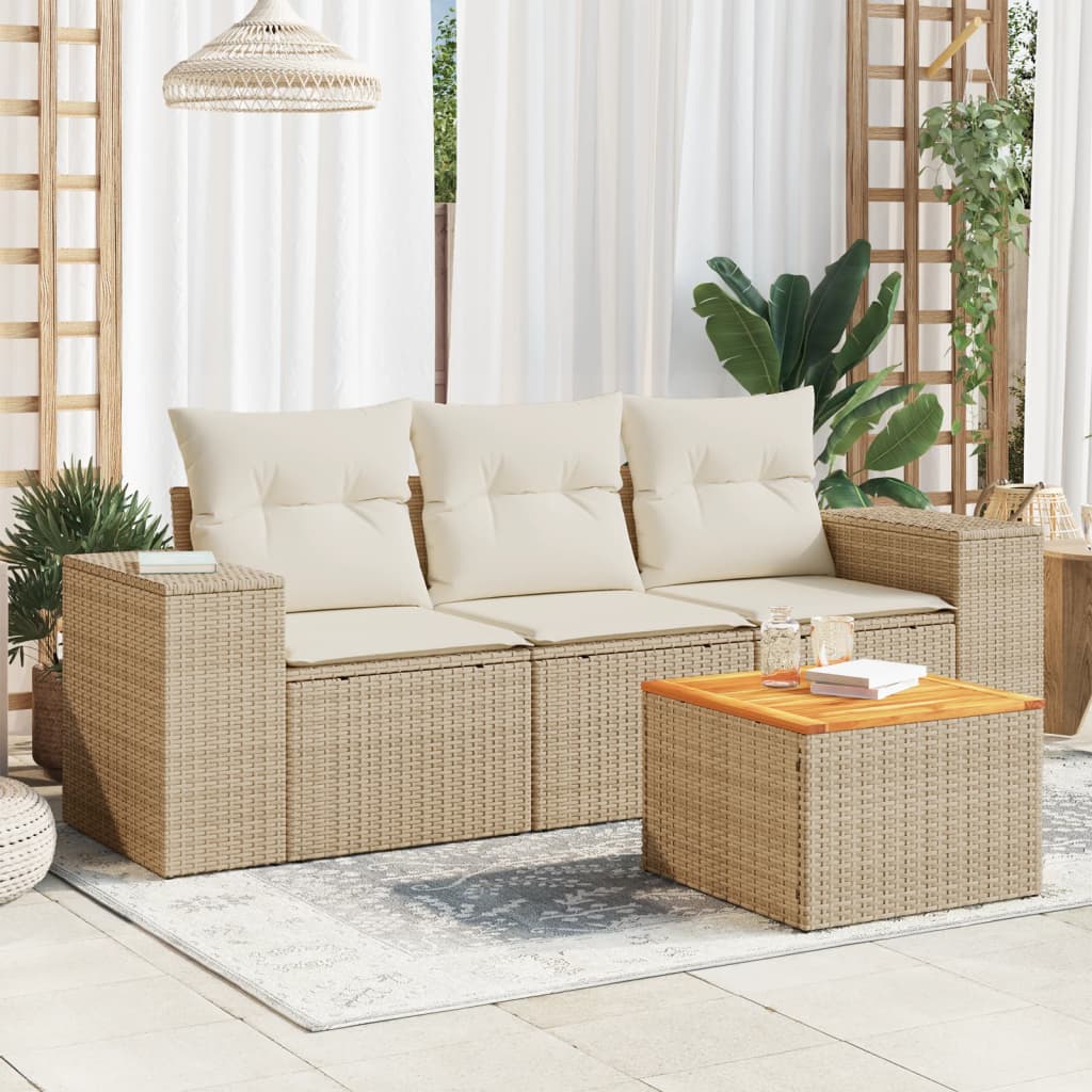 JUNG Vida 4-tlg. Garten-Sofagarnitur mit Kissen Beige Poly Rattan