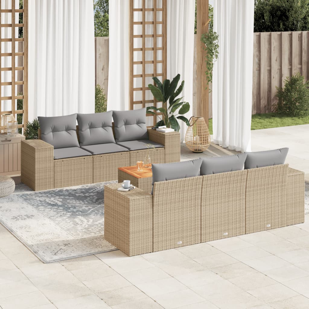 JUNG Vida 7-tlg. Garten-Sofagarnitur mit Kissen Beige Poly Rattan