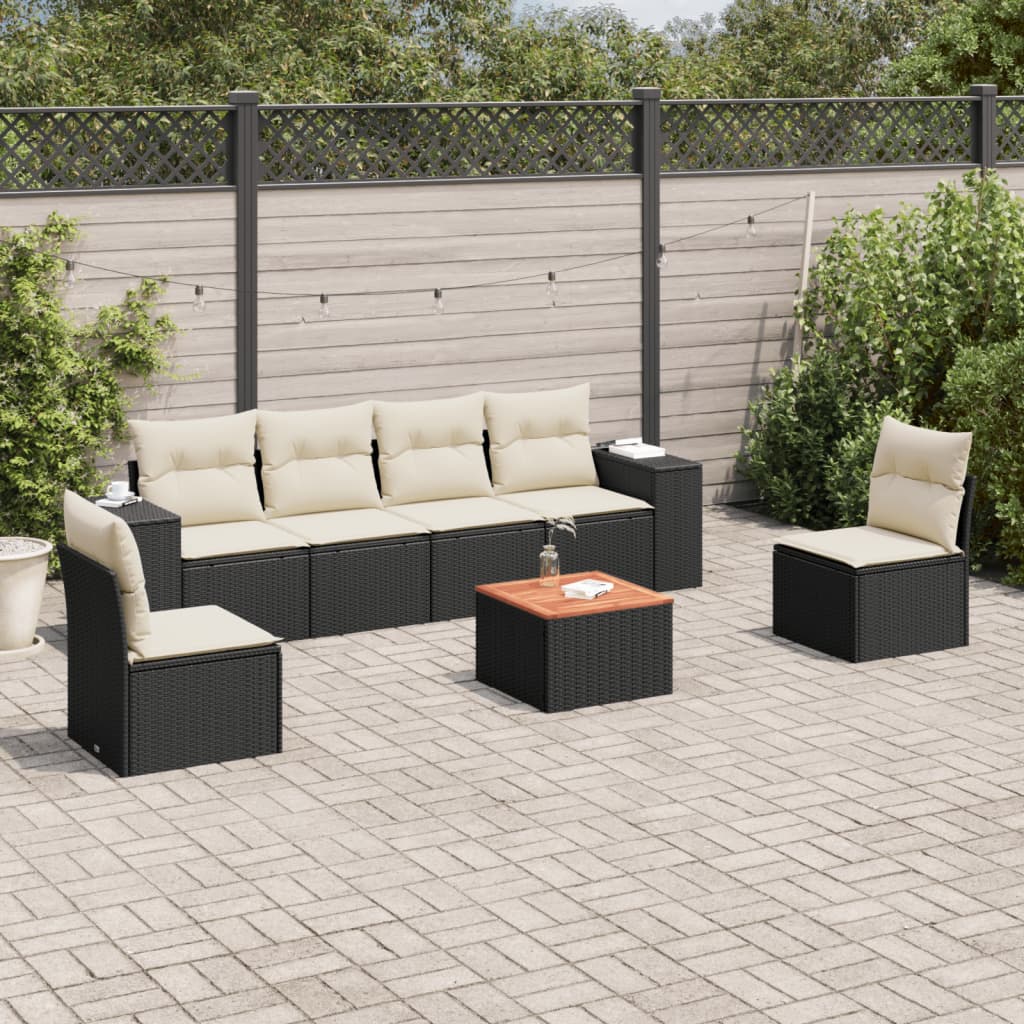 JUNG Vida 7-tlg. Garten-Sofagarnitur mit Kissen Schwarz Poly Rattan