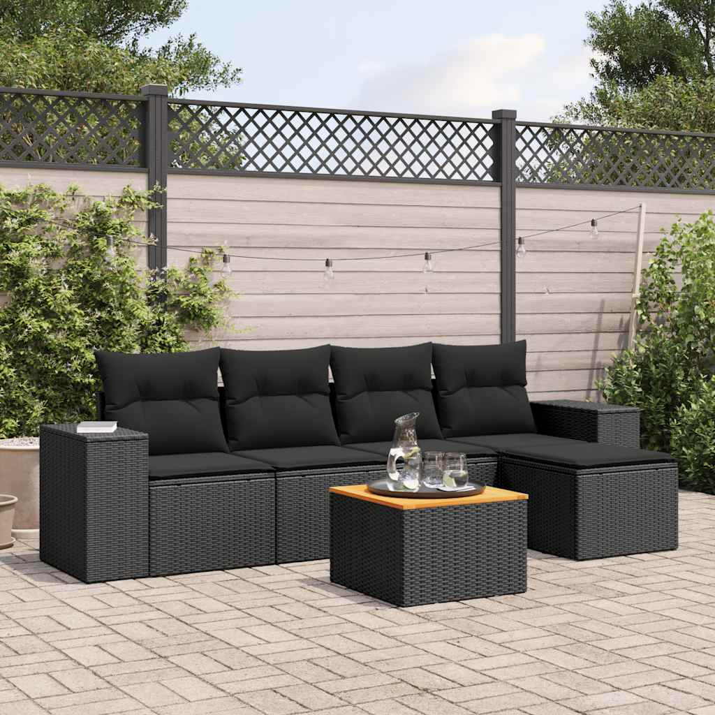 JUNG Vida 6-tlg. Garten-Sofagarnitur mit Kissen Schwarz Poly Rattan