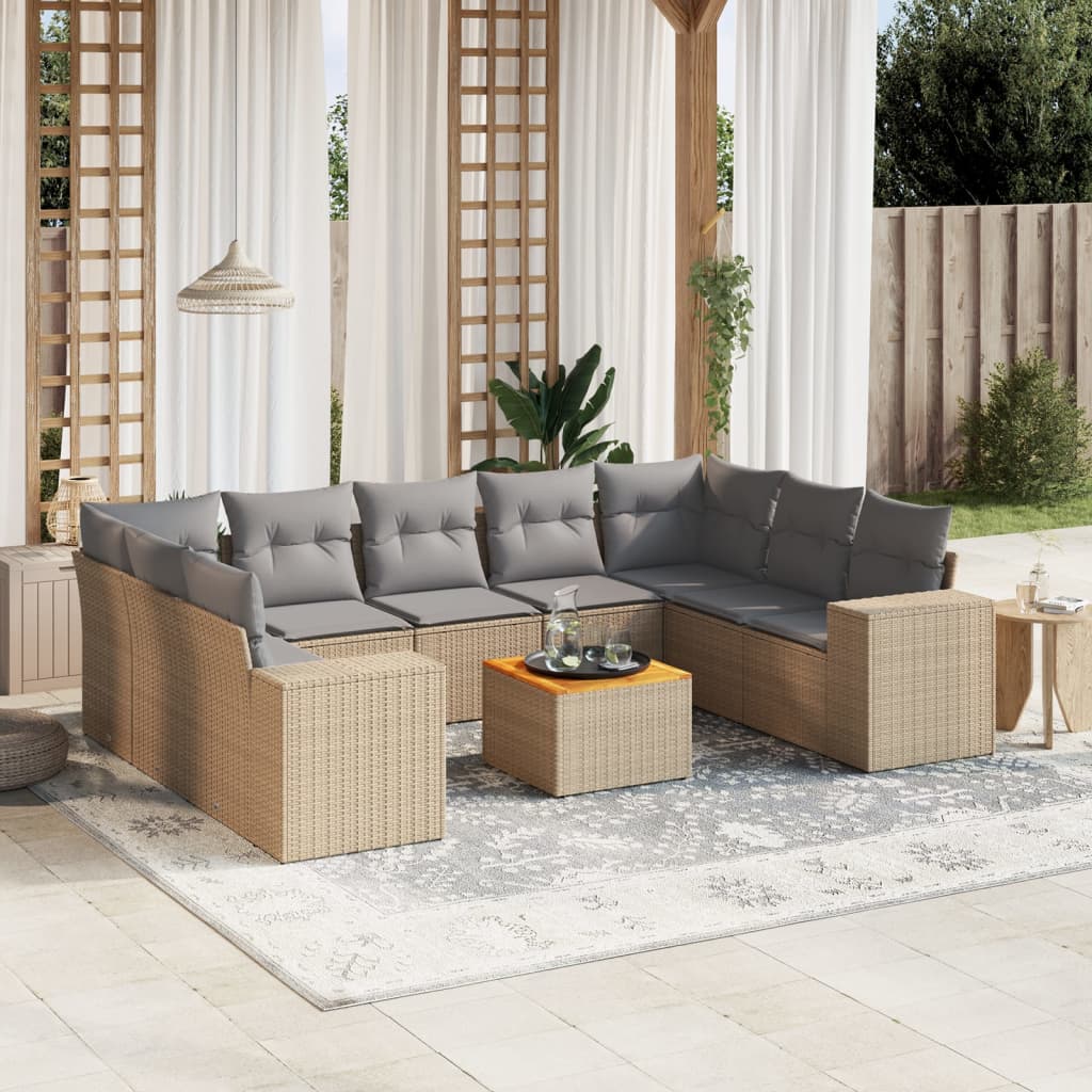 JUNG Vida 10-tlg. Garten-Sofagarnitur mit Kissen Beige Poly Rattan