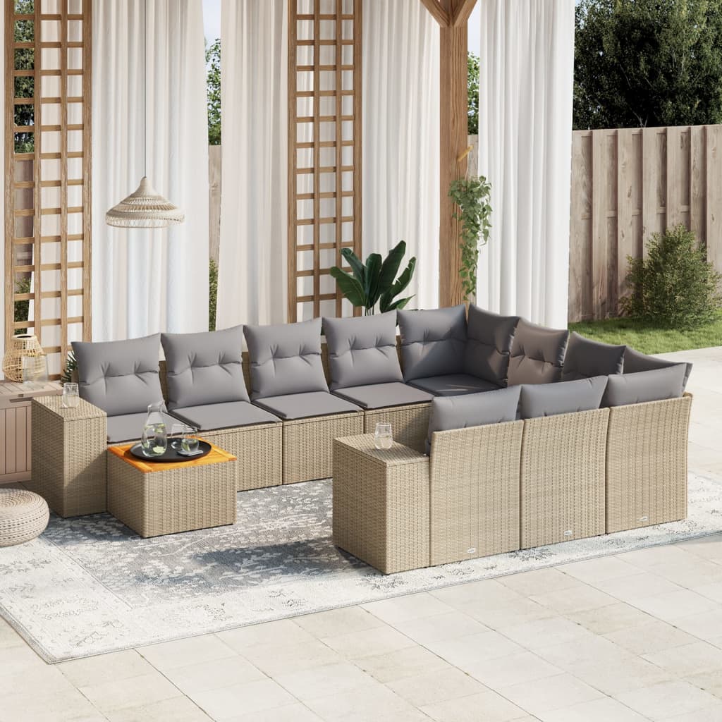 JUNG Vida 11-tlg. Garten-Sofagarnitur mit Kissen Beige Poly Rattan