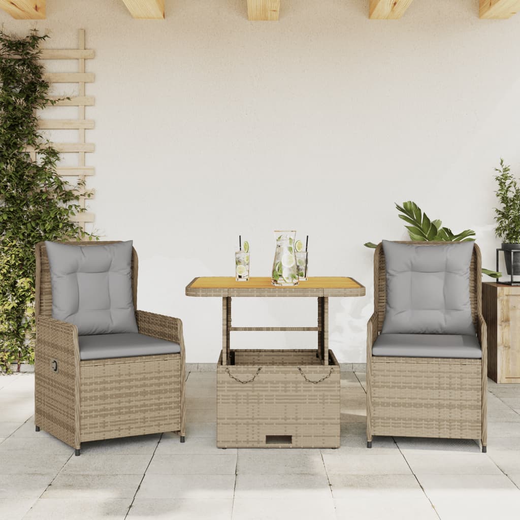 JUNG Vida 3-tlg. Bistro-Set mit Kissen Beige Poly Rattan