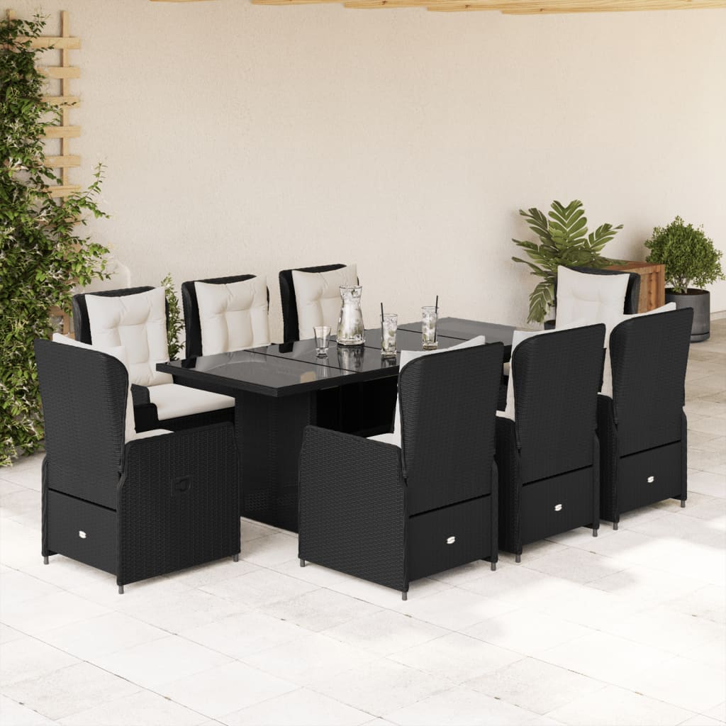 JUNG Vida 9-tlg. Garten-Essgruppe mit Kissen Schwarz Poly Rattan