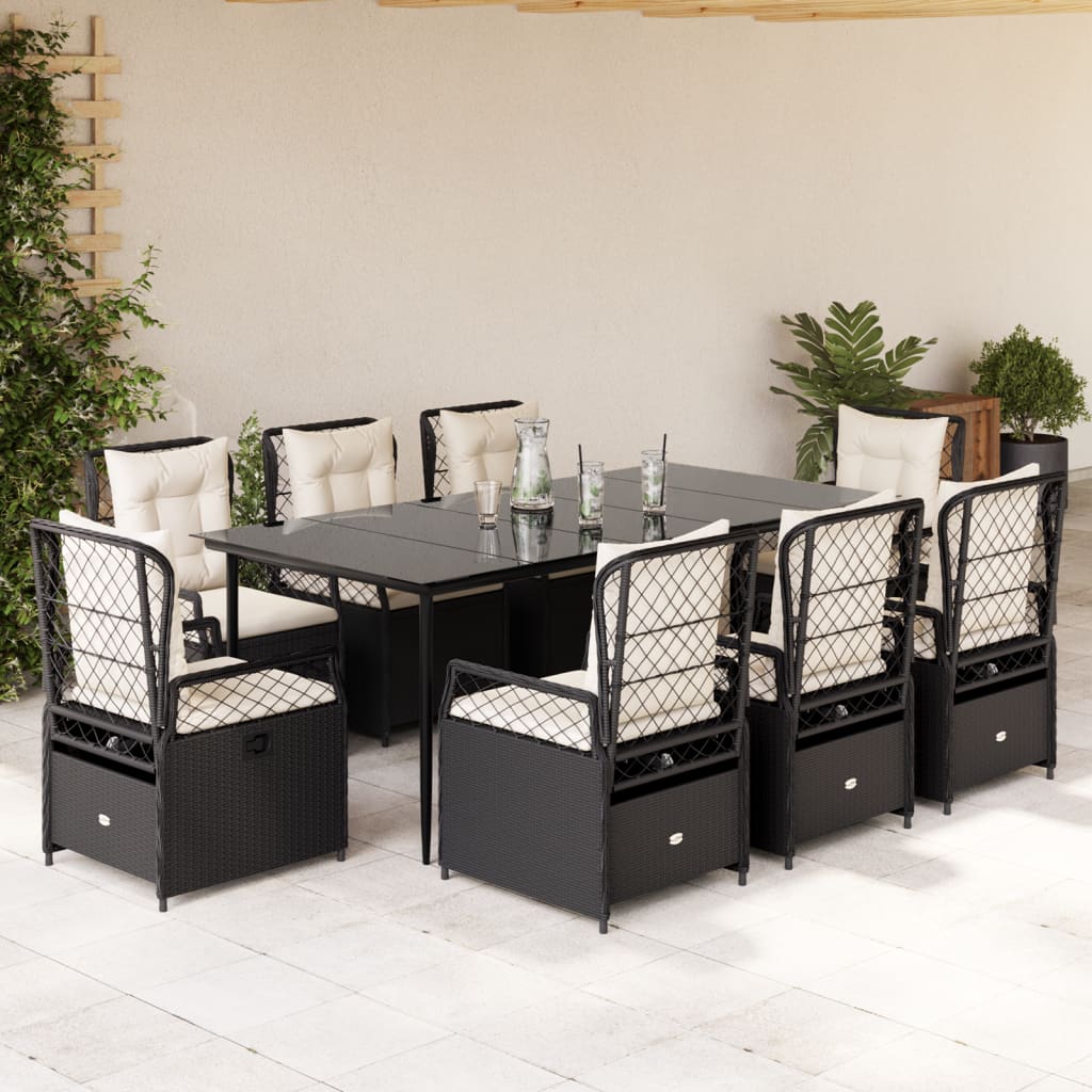 JUNG Vida 9-tlg. Garten-Essgruppe mit Kissen Schwarz Poly Rattan