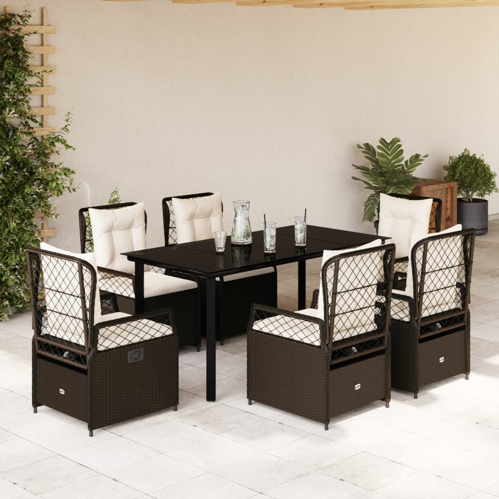 JUNG Vida 7-tlg. Garten-Essgruppe mit Kissen Braun Poly Rattan