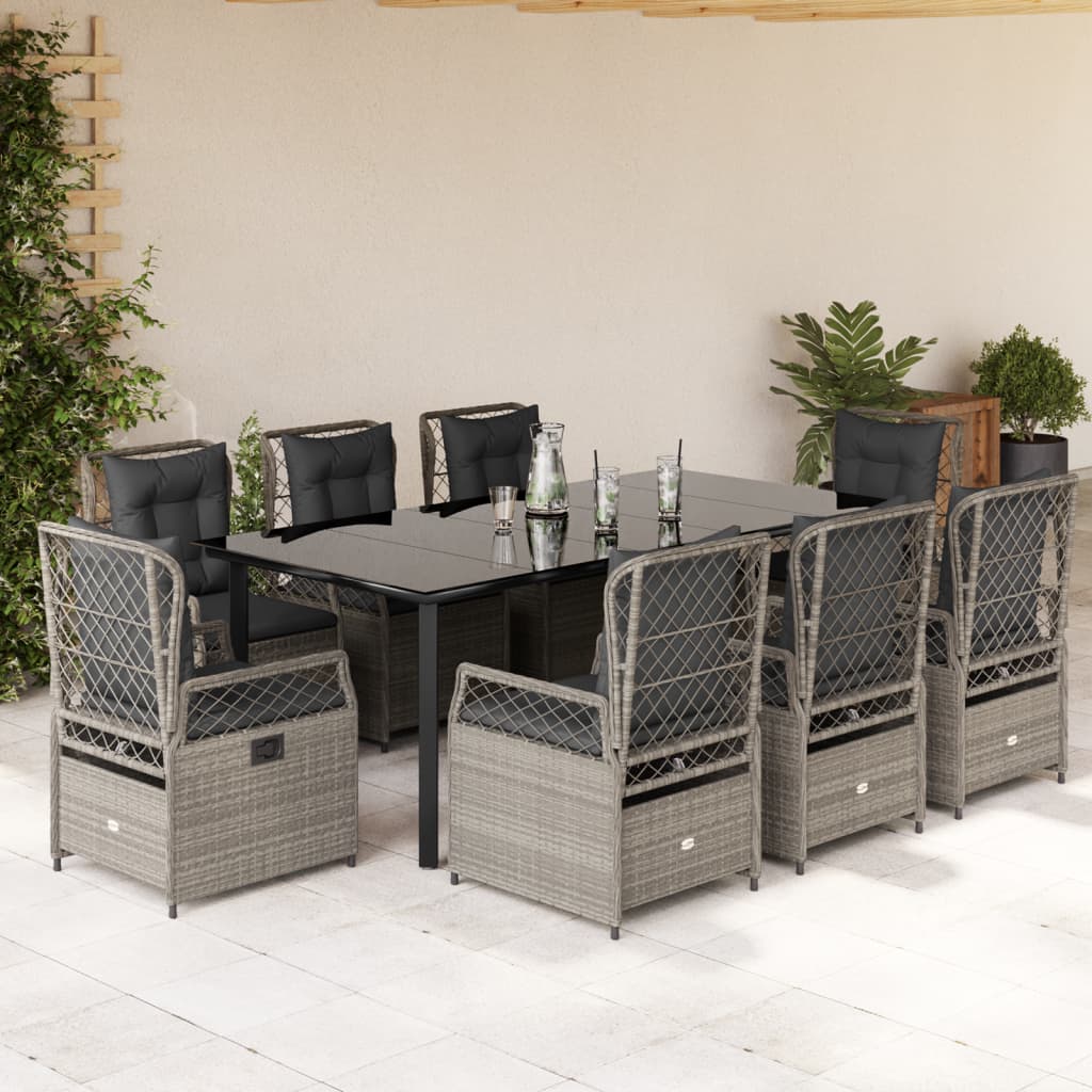JUNG Vida 9-tlg. Garten-Essgruppe mit Kissen Hellgrau Poly Rattan