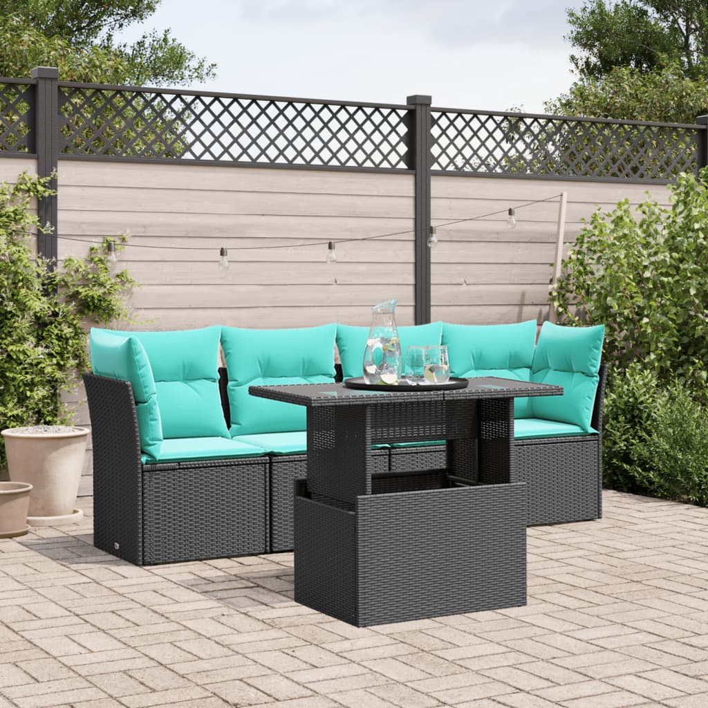 JUNG Vida 5-teiliges Gartensofa-Set mit Kissen, schwarzes Polyrattan