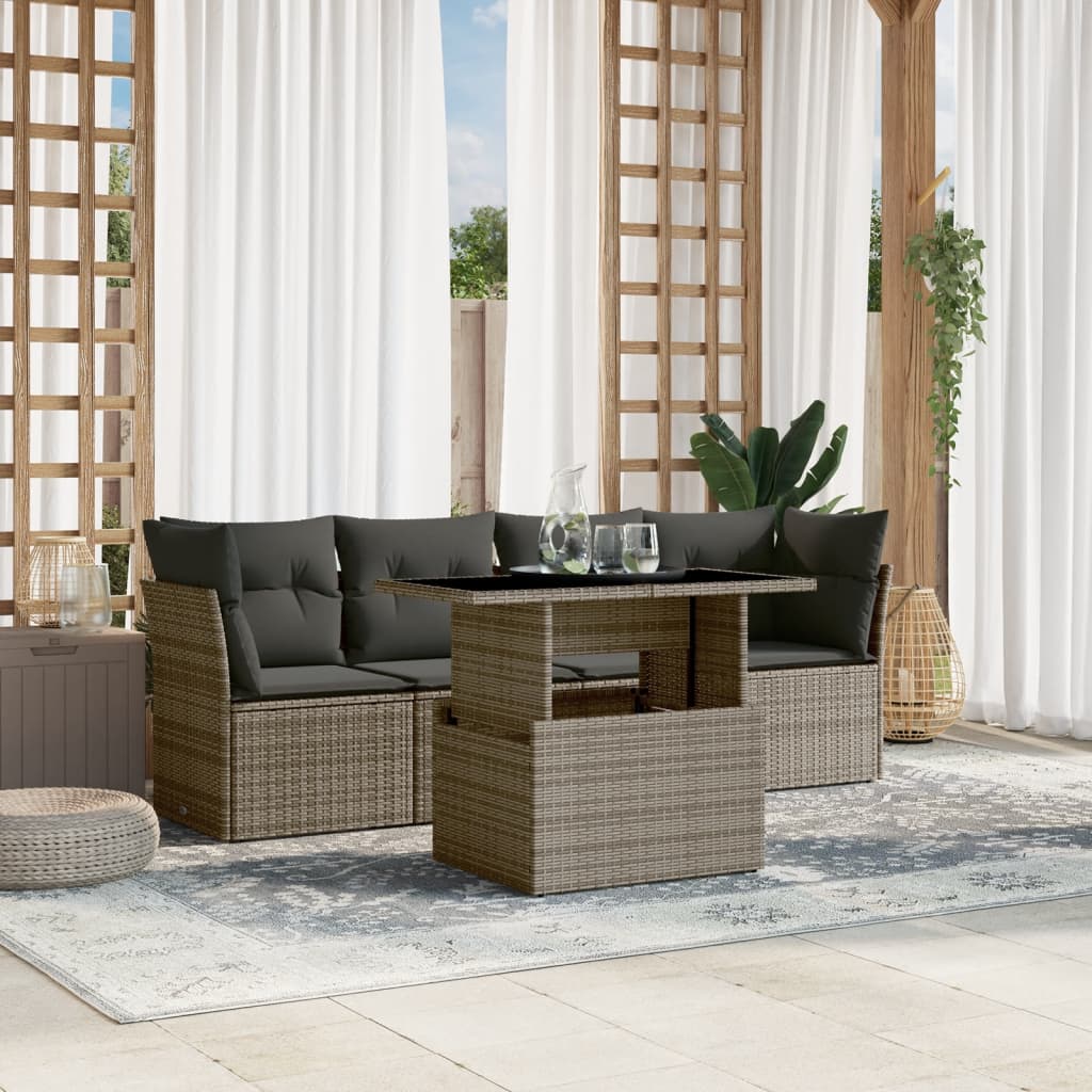 JUNG Vida 5-tlg. Garten-Sofagarnitur mit Kissen Grau Poly Rattan
