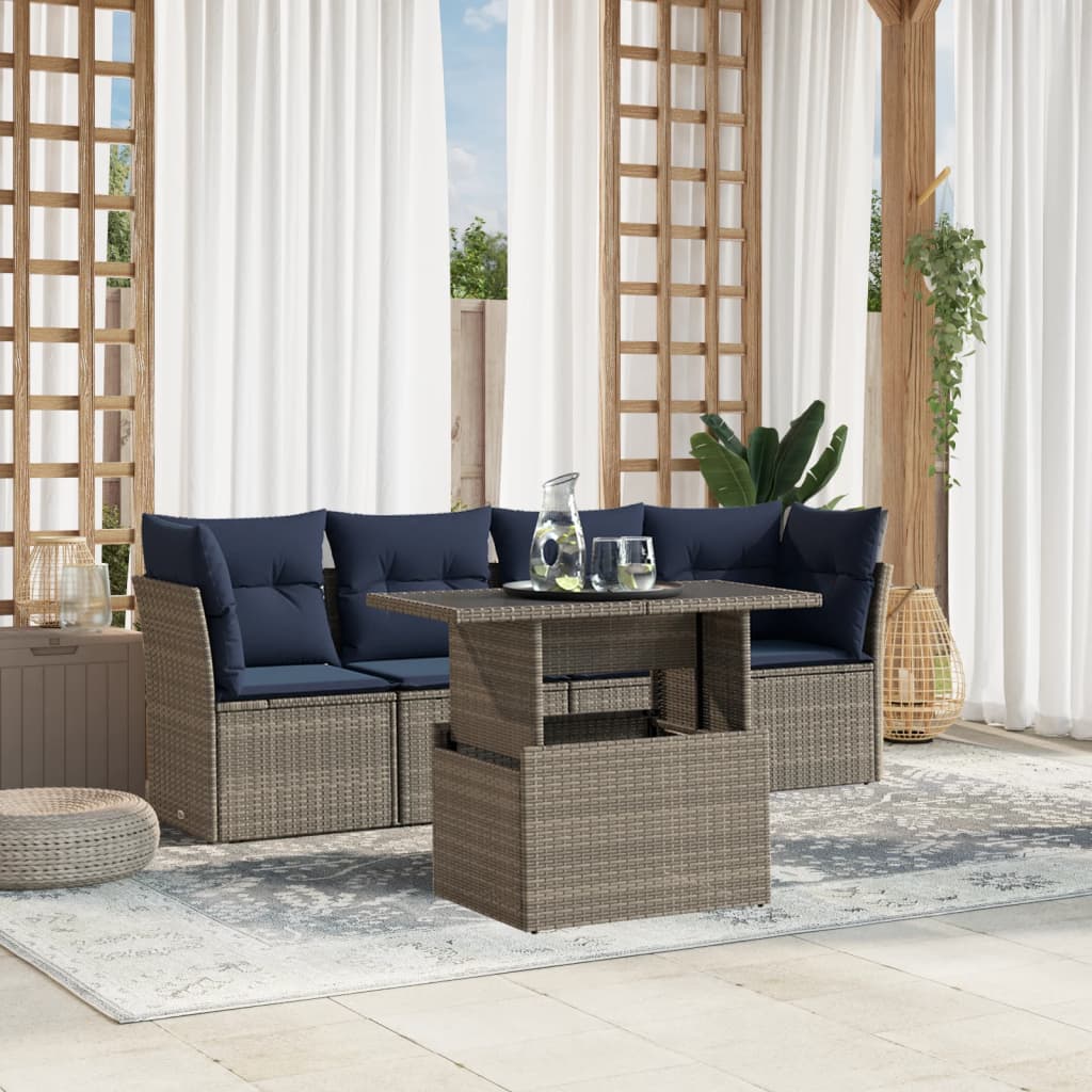 JUNG Vida 5-teiliges Gartensofa-Set mit Kissen, grau, Polyrattan