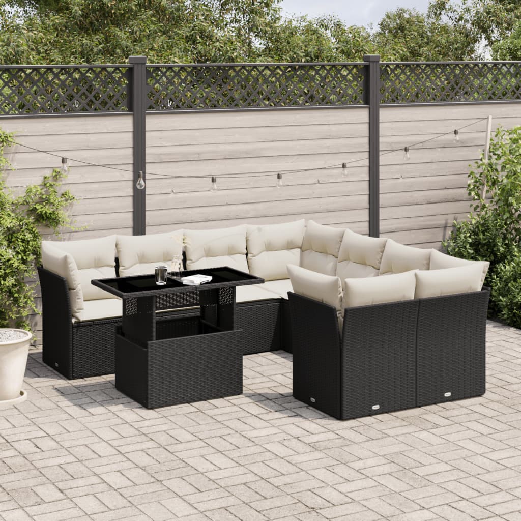 JUNG Vida 9-tlg. Garten-Sofagarnitur mit Kissen Schwarz Poly Rattan