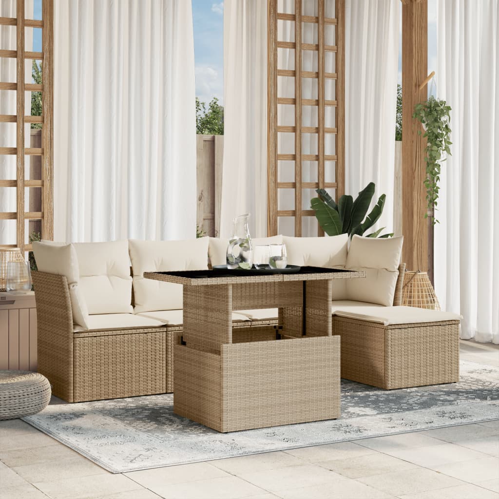 JUNG Vida 6-tlg. Garten-Sofagarnitur mit Kissen Beige Poly Rattan