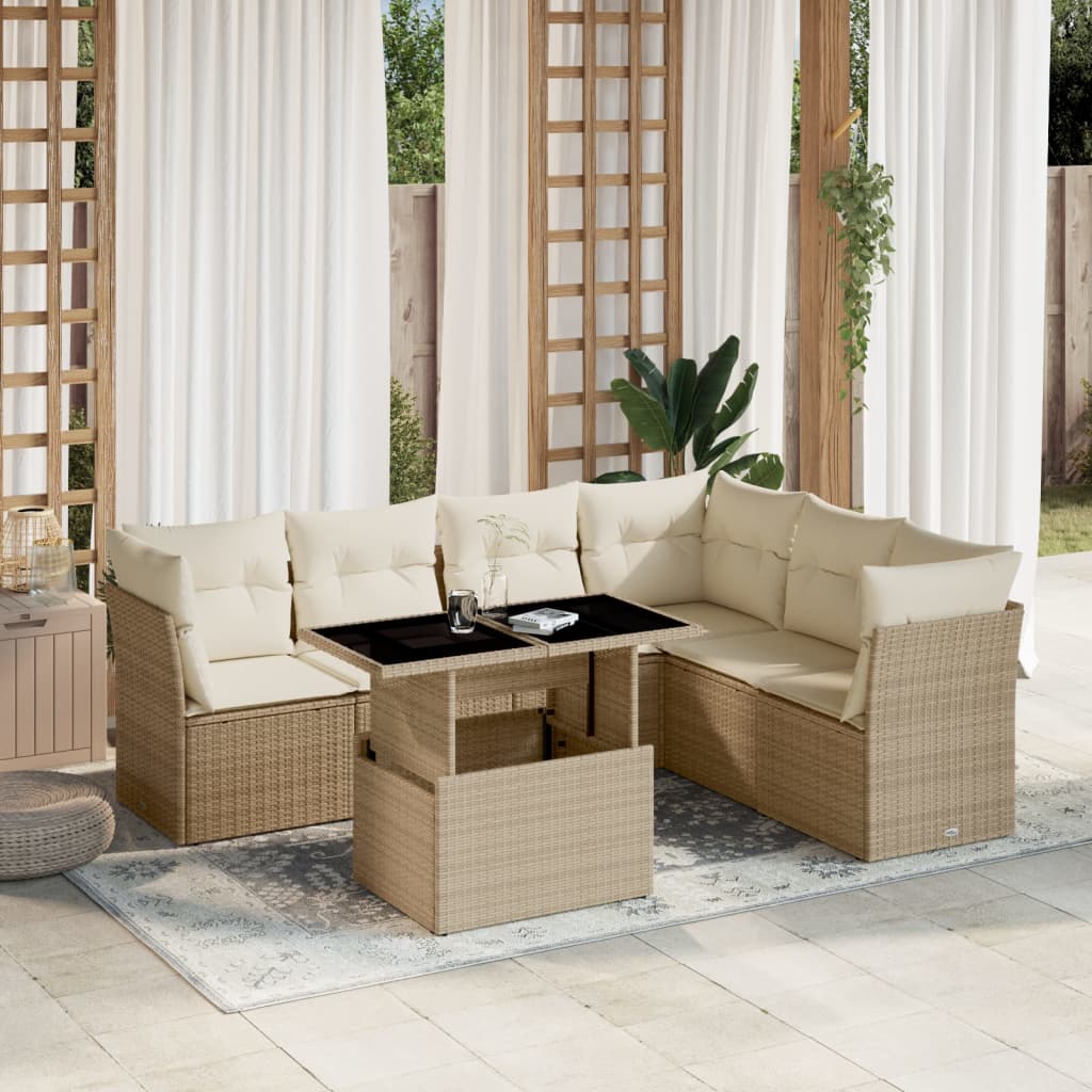 JUNG Vida 7-tlg. Garten-Sofagarnitur mit Kissen Beige Poly Rattan