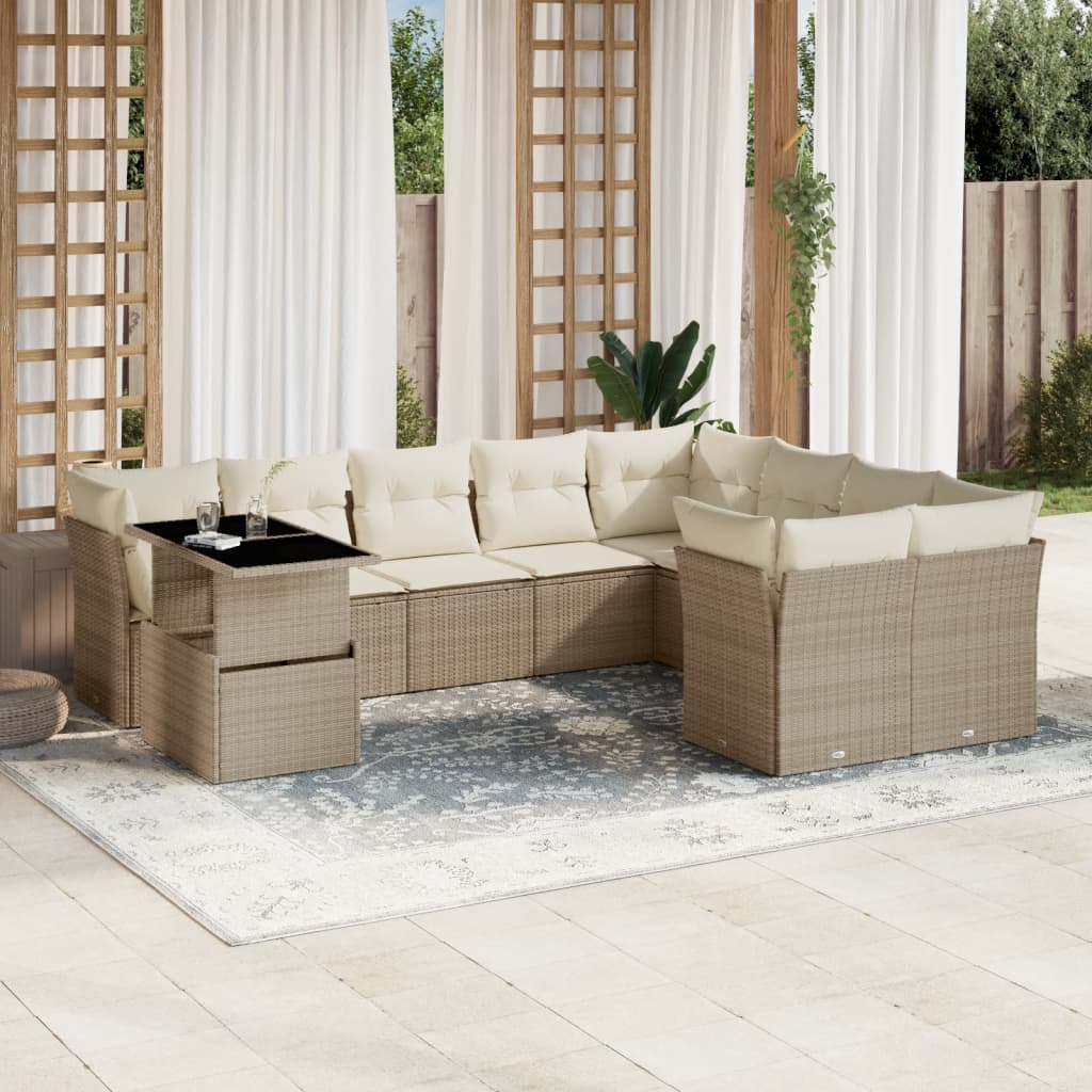 JUNG Vida 10-tlg. Garten-Sofagarnitur mit Kissen Beige Poly Rattan