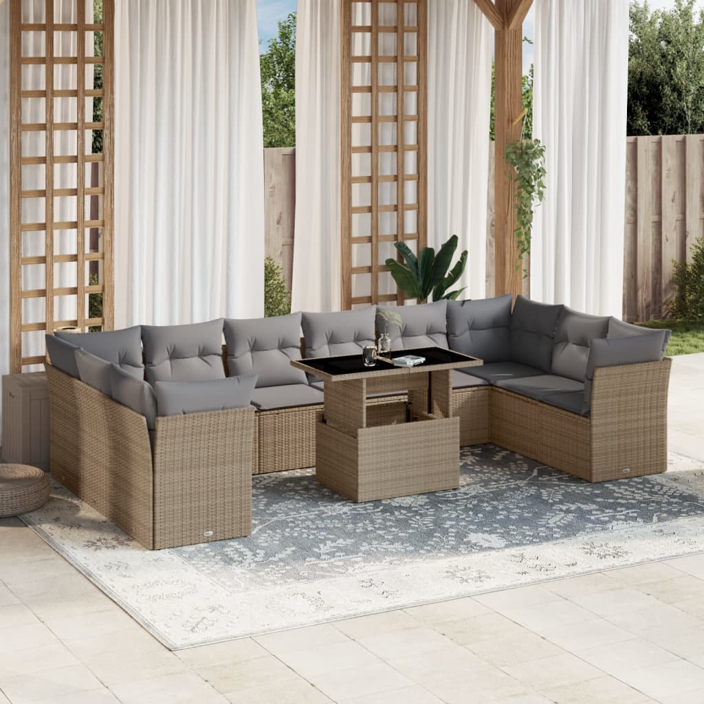 JUNG Vida 11-tlg. Garten-Sofagarnitur mit Kissen Beige Poly Rattan
