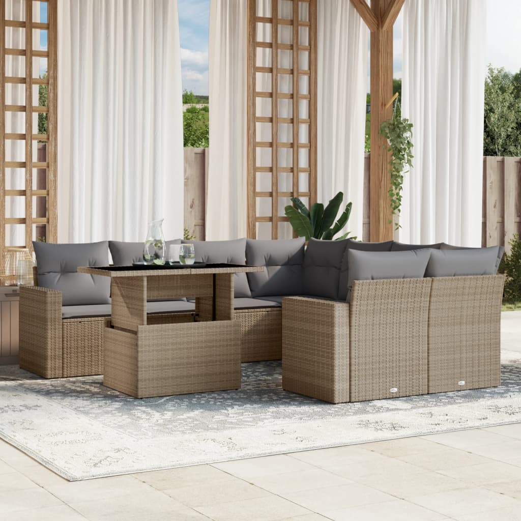 JUNG Vida 9-tlg. Garten-Sofagarnitur mit Kissen Beige Poly Rattan