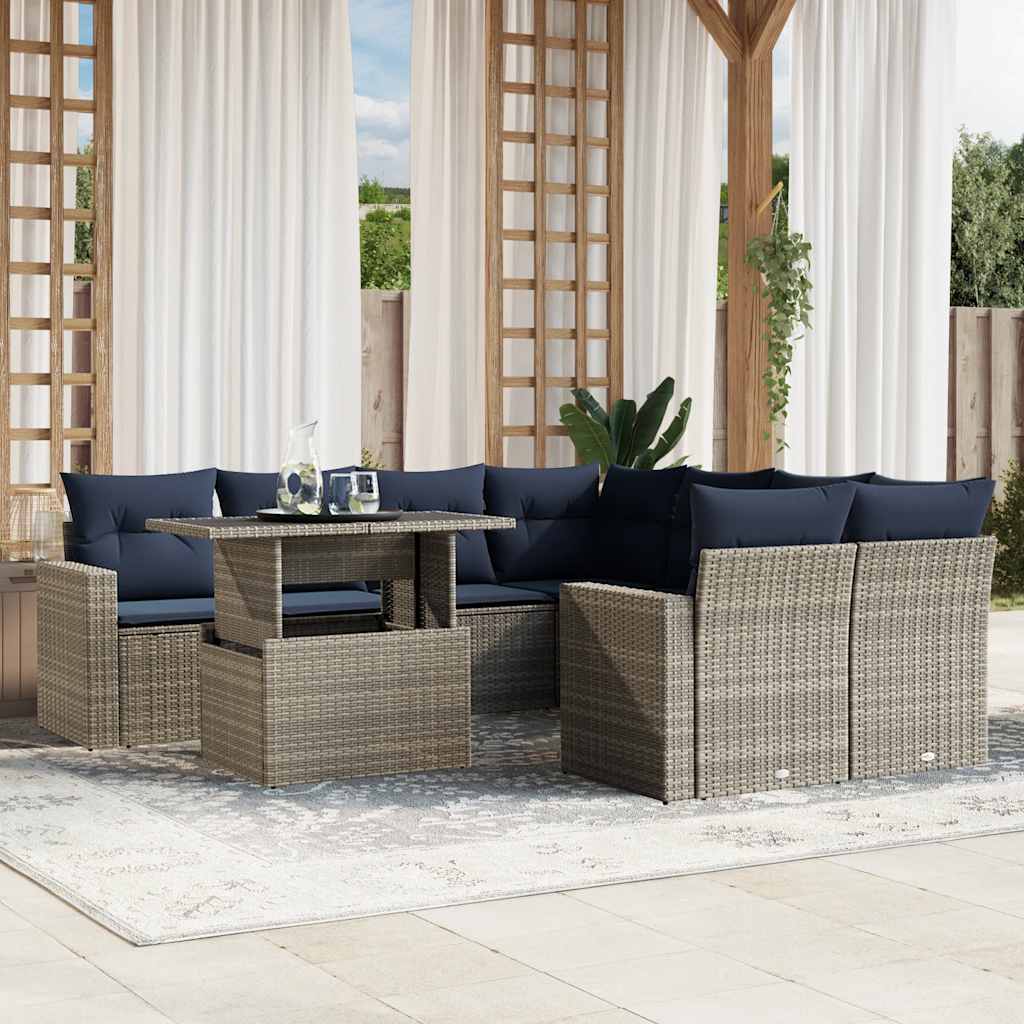 JUNG Vida 9-teiliges Gartensofa-Set mit Kissen, grau, Polyrattan