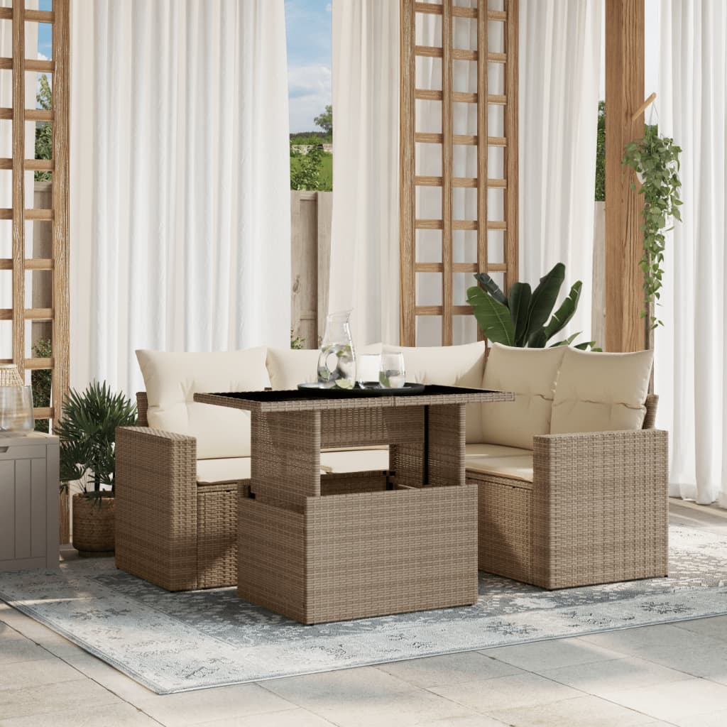 JUNG Vida 5-tlg. Garten-Sofagarnitur mit Kissen Beige Poly Rattan