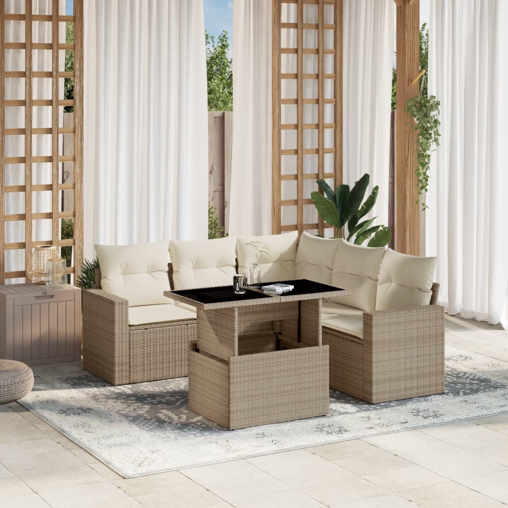 JUNG Vida 6-tlg. Garten-Sofagarnitur mit Kissen Beige Poly Rattan