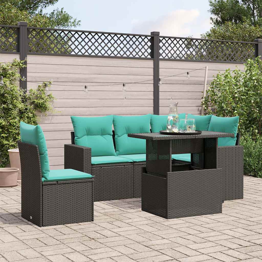 JUNG Vida 6-teiliges Gartensofa-Set mit Kissen, schwarzes Polyrattan