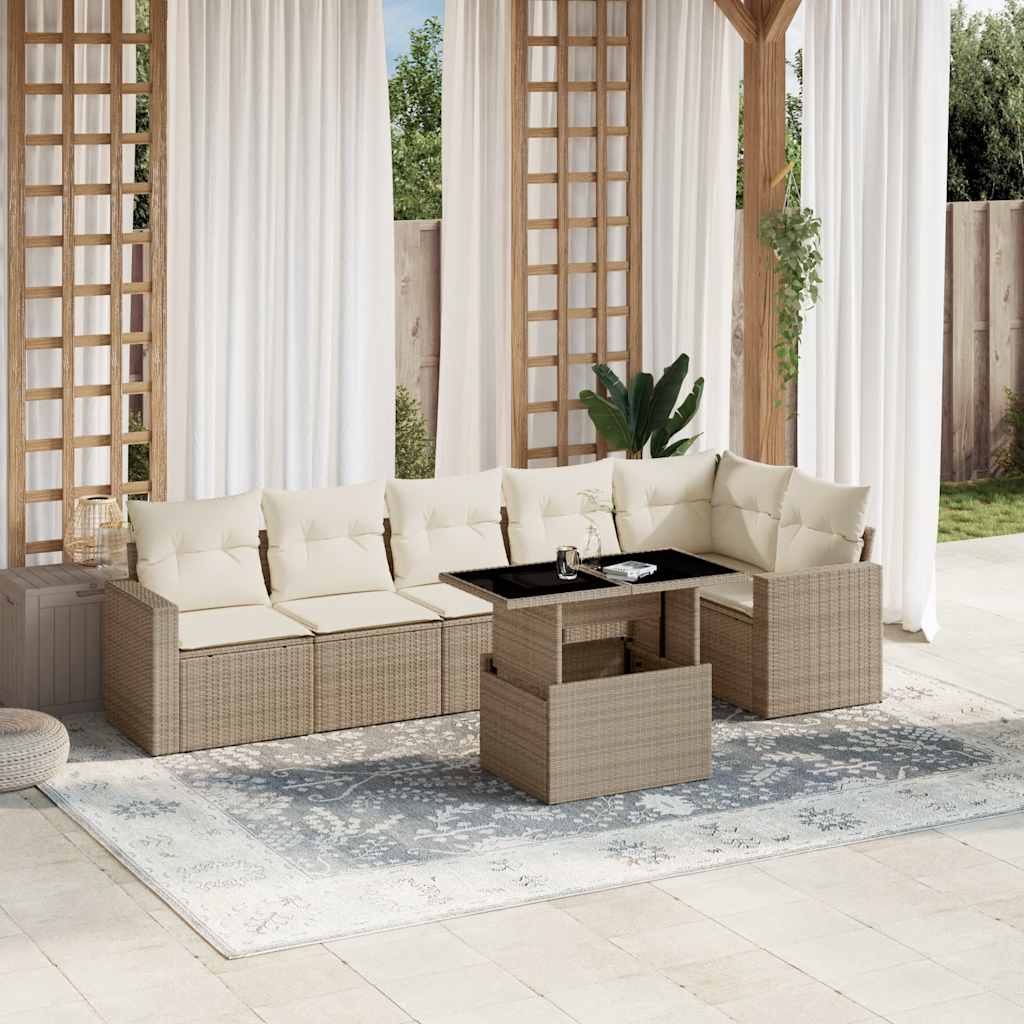 JUNG Vida 7-tlg. Garten-Sofagarnitur mit Kissen Beige Poly Rattan