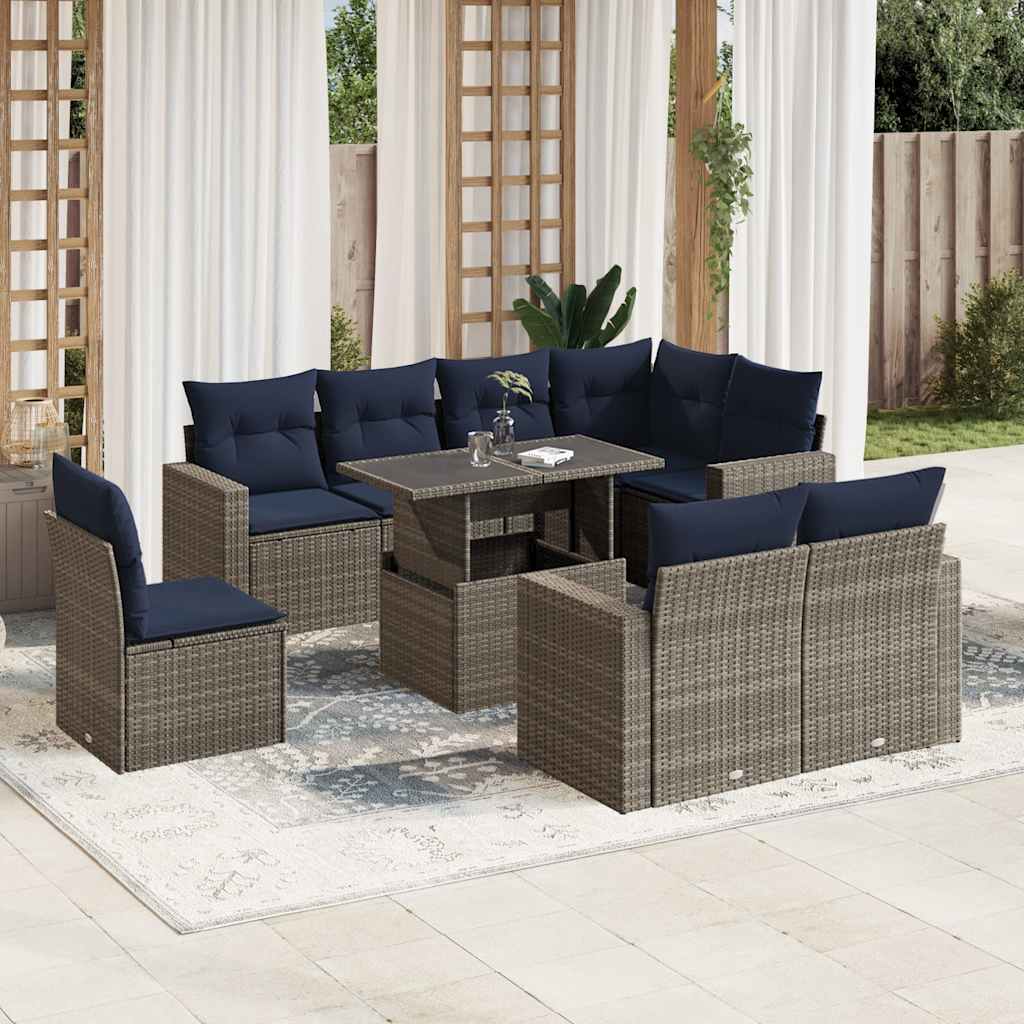 JUNG Vida 9-teiliges Gartensofa-Set mit Kissen, grau, Polyrattan