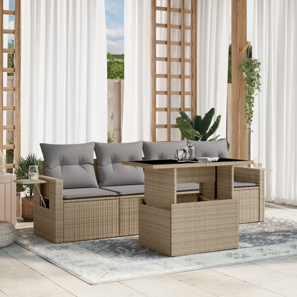 JUNG Vida 5-tlg. Garten-Sofagarnitur mit Kissen Beige Poly Rattan
