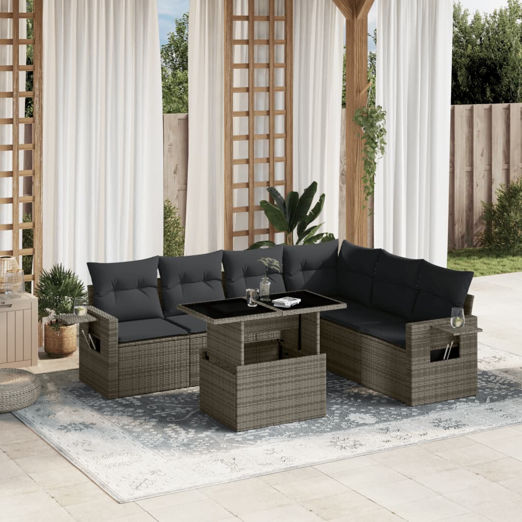 JUNG Vida 7-tlg. Garten-Sofagarnitur mit Kissen Grau Poly Rattan