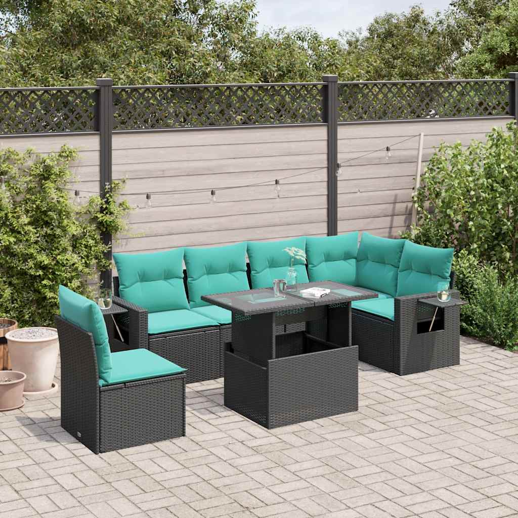 JUNG Vida 7-teiliges Gartensofa-Set mit Kissen, schwarzes Polyrattan