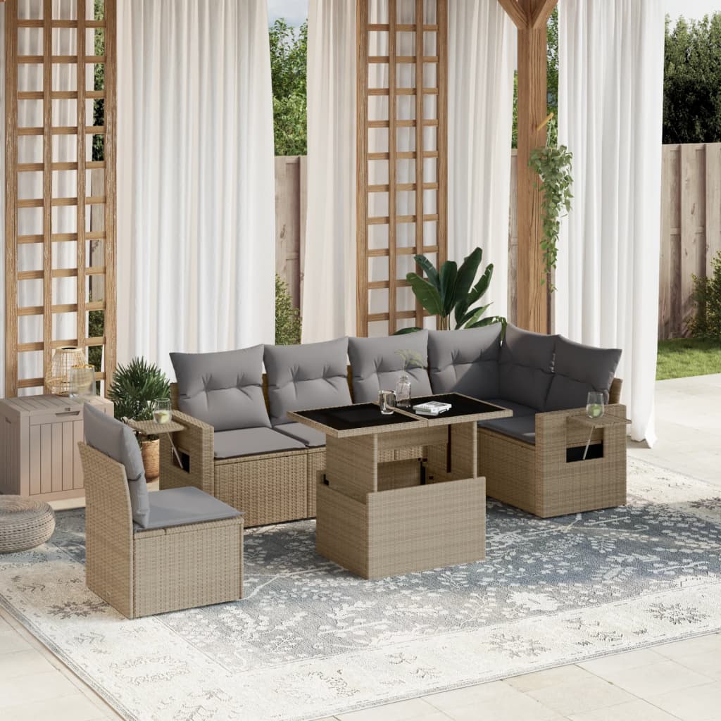 JUNG Vida 7-tlg. Garten-Sofagarnitur mit Kissen Beige Poly Rattan
