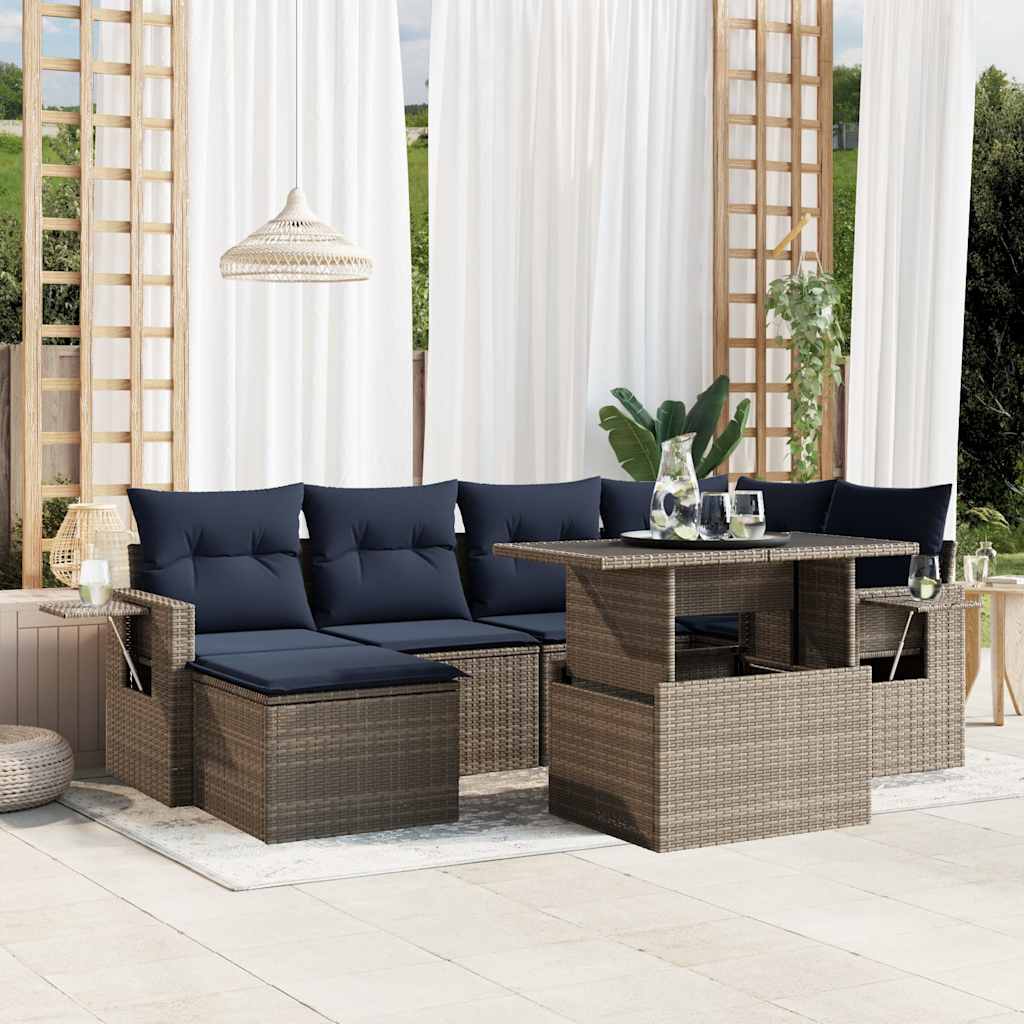 JUNG Vida 7-teiliges Gartensofa-Set mit Kissen, grau, Polyrattan