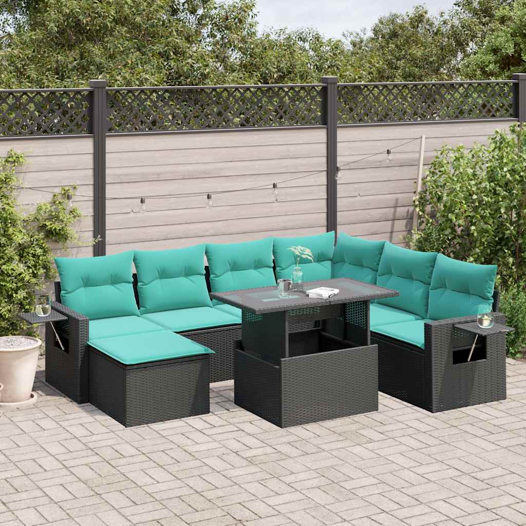 JUNG Vida 8-teiliges Gartensofa-Set mit Kissen, schwarzes Polyrattan