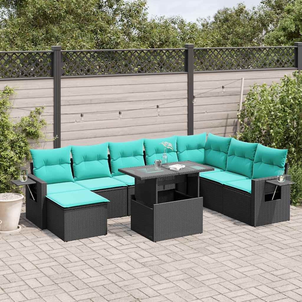JUNG Vida 9-teiliges Gartensofa-Set mit Kissen, schwarzes Polyrattan