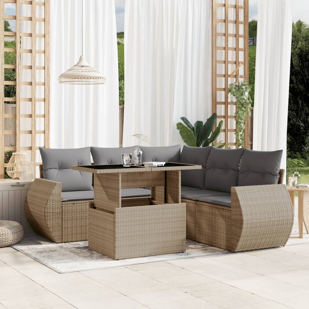 JUNG Vida 6-tlg. Garten-Sofagarnitur mit Kissen Beige Poly Rattan