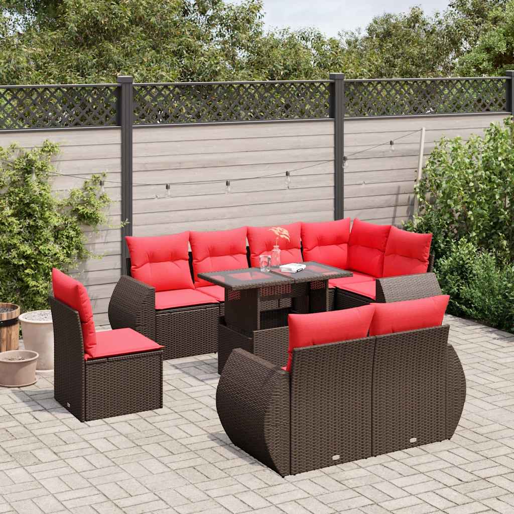 JUNG Vida 9-teiliges Gartensofa-Set mit Kissen, braun, Polyrattan