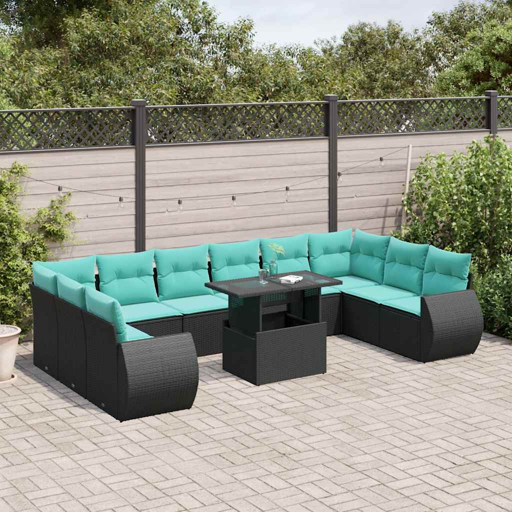 JUNG Vida 11-teiliges Gartensofa-Set mit Kissen, schwarzes Polyrattan