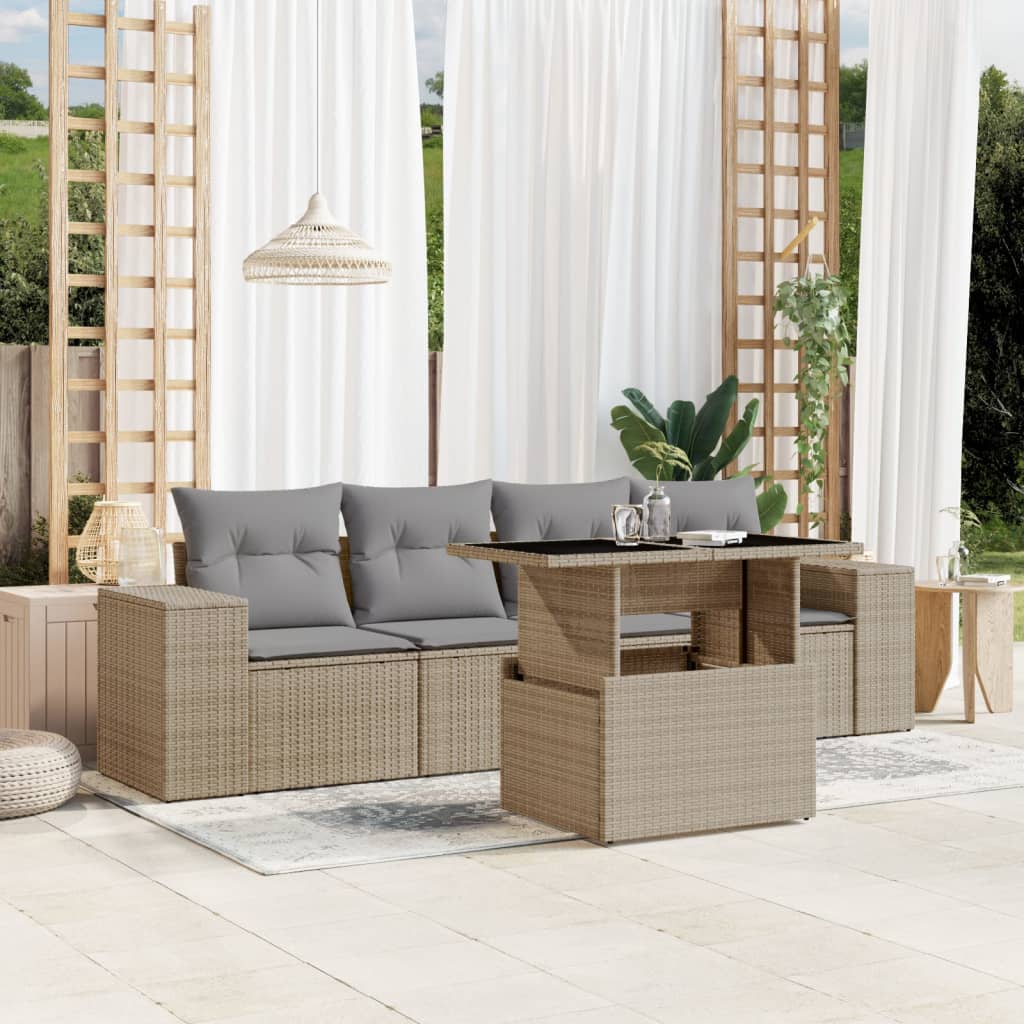JUNG Vida 5-tlg. Garten-Sofagarnitur mit Kissen Beige Poly Rattan