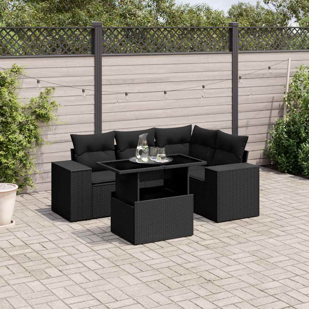 JUNG Vida 5-tlg. Garten-Sofagarnitur mit Kissen Schwarz Poly Rattan