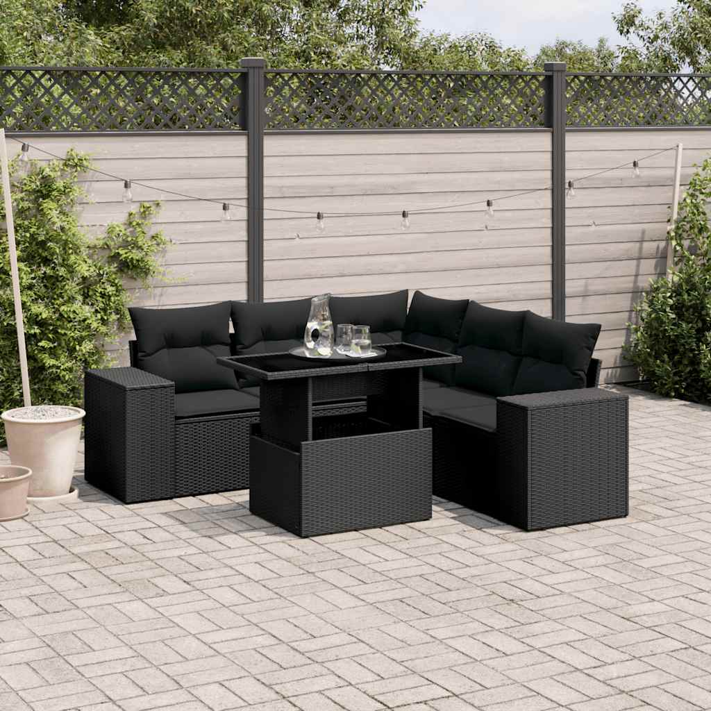 JUNG Vida 6-tlg. Garten-Sofagarnitur mit Kissen Schwarz Poly Rattan